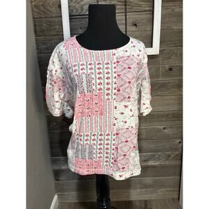 Partners red floral quilt pattern short sleeve shirt women's size large